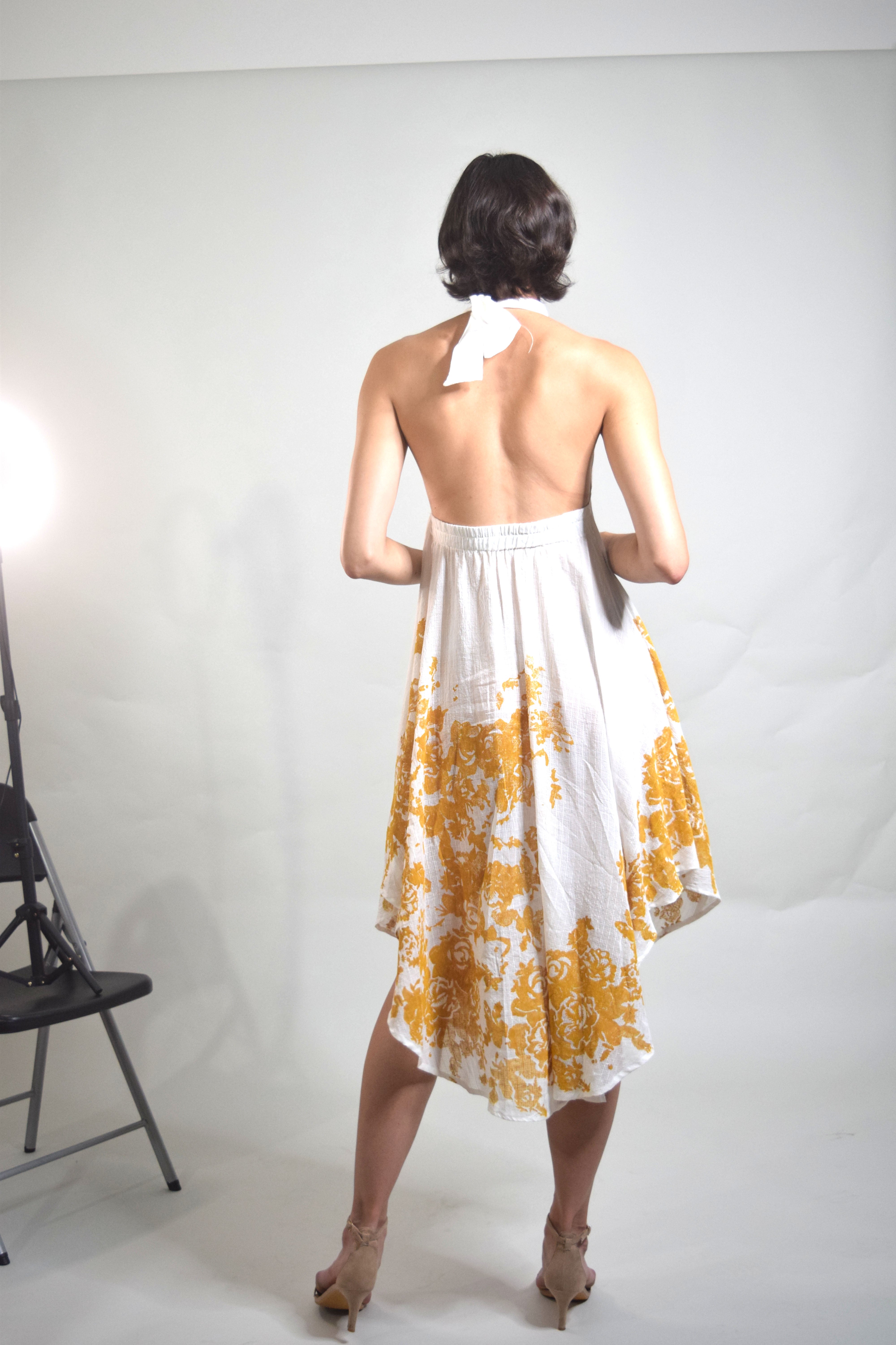 Radhika Halter Dress - White with Canary Block Print