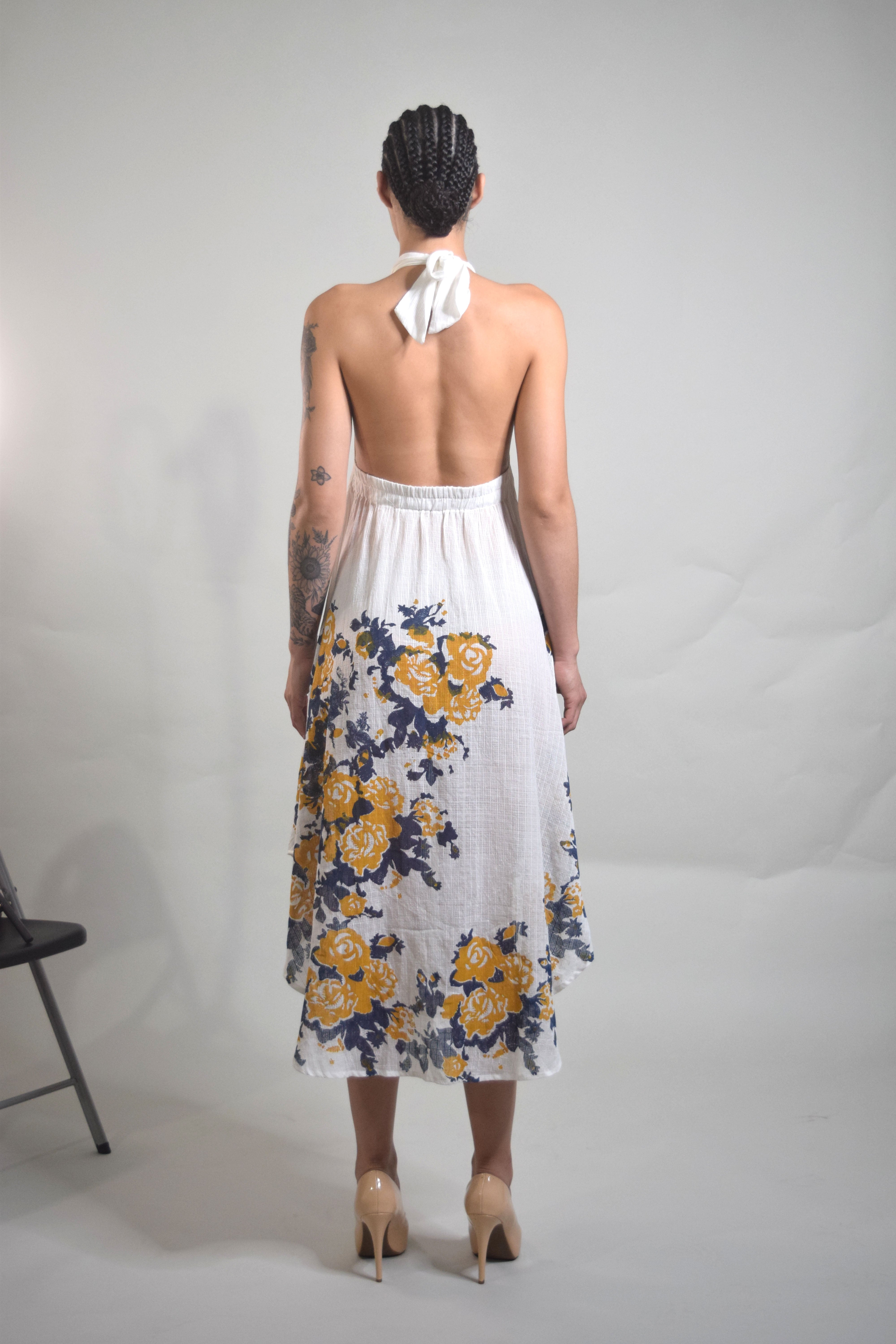 Radhika Halter Dress - White with Indigo / Canary Block Print