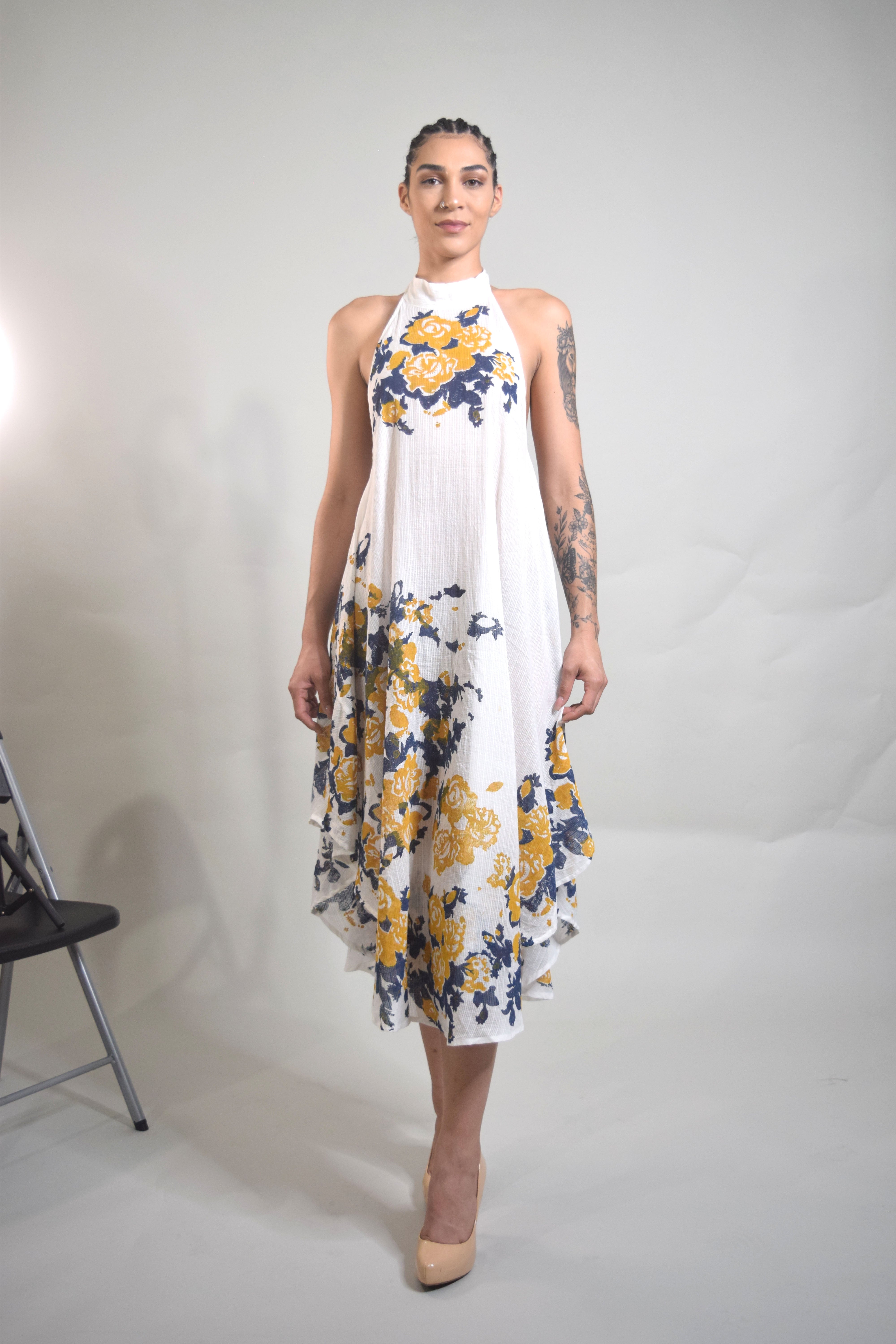 Radhika Halter Dress - White with Indigo / Canary Block Print