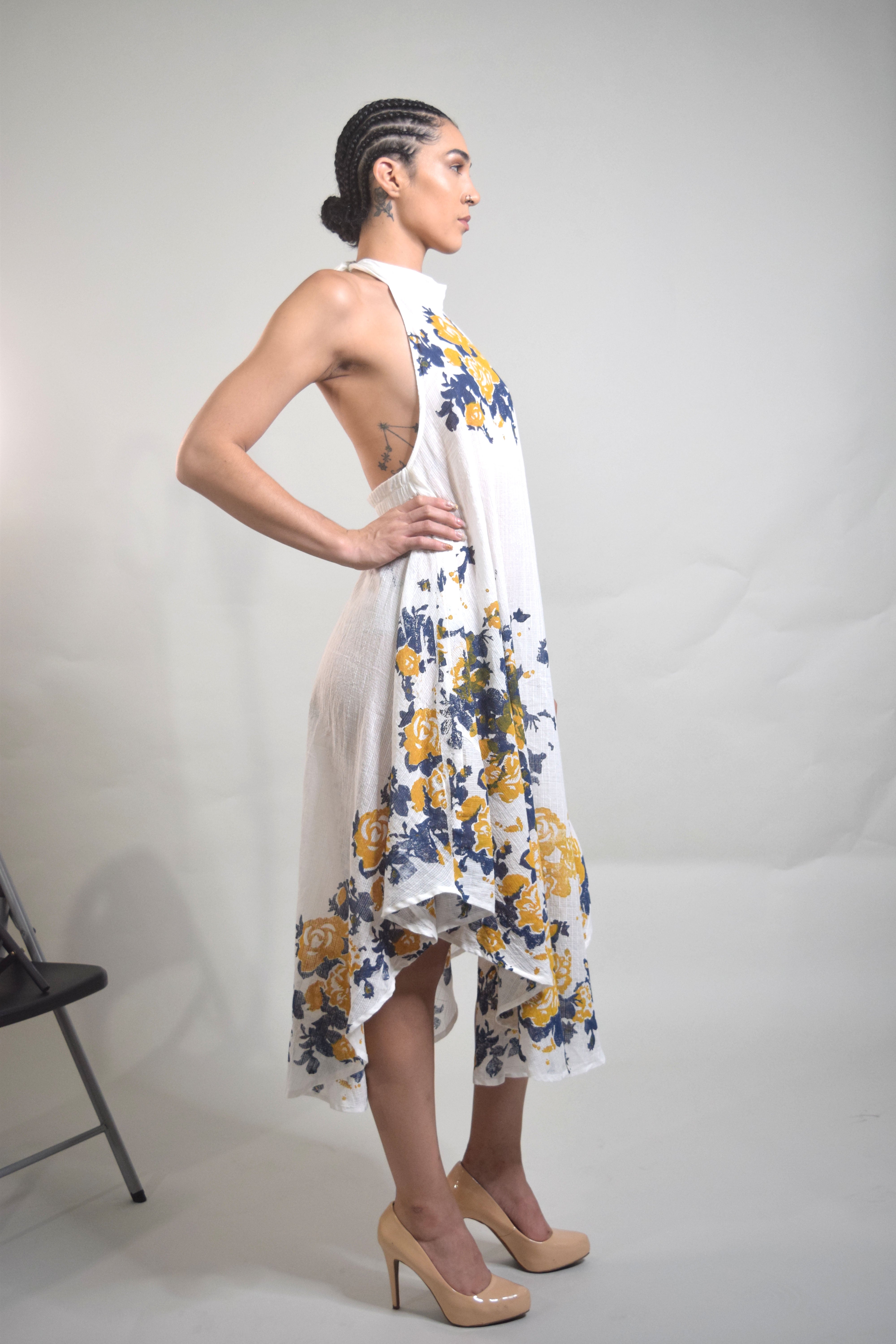 Radhika Halter Dress - White with Indigo / Canary Block Print