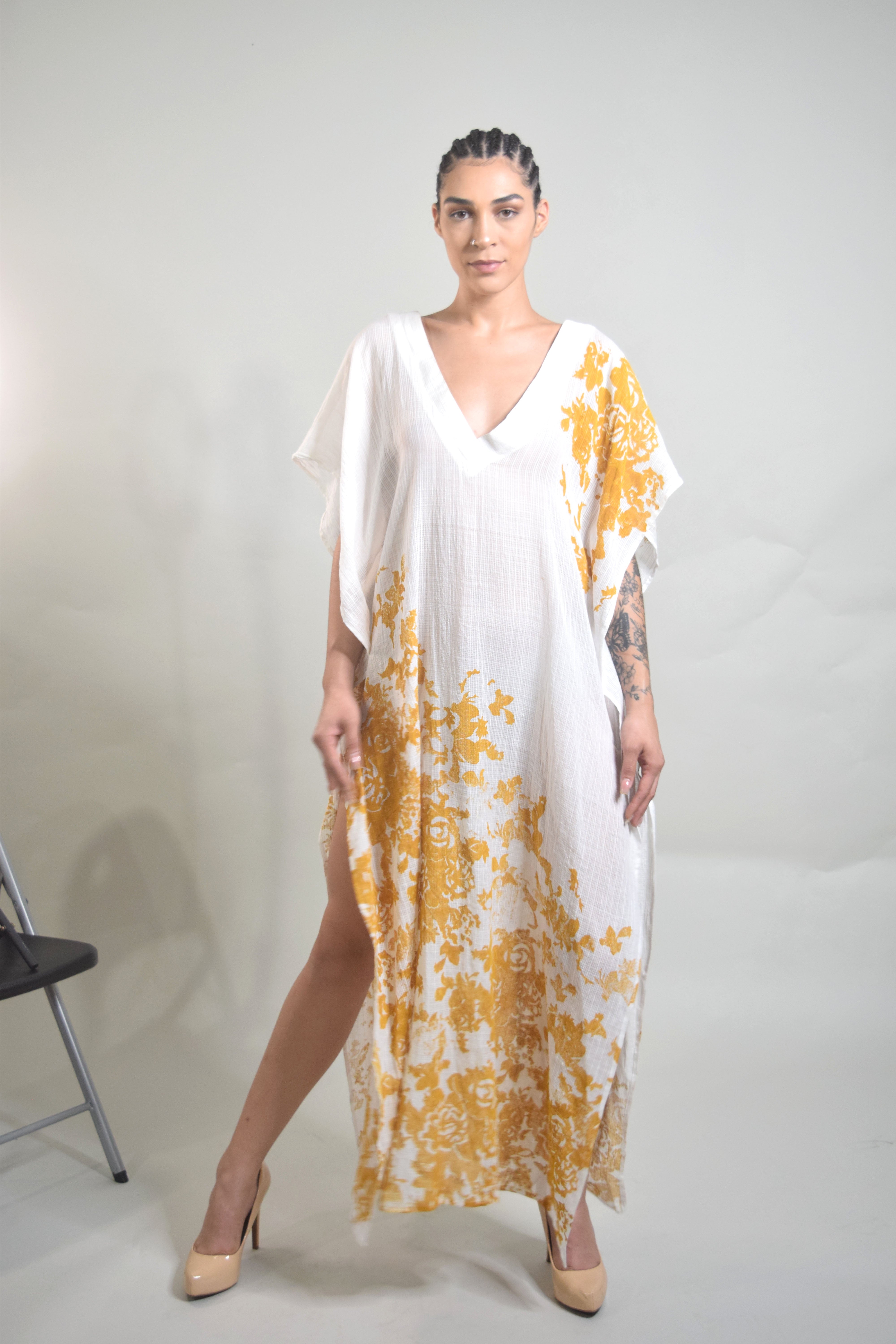 Usha Kaftan Dress - White with Canary Block Print