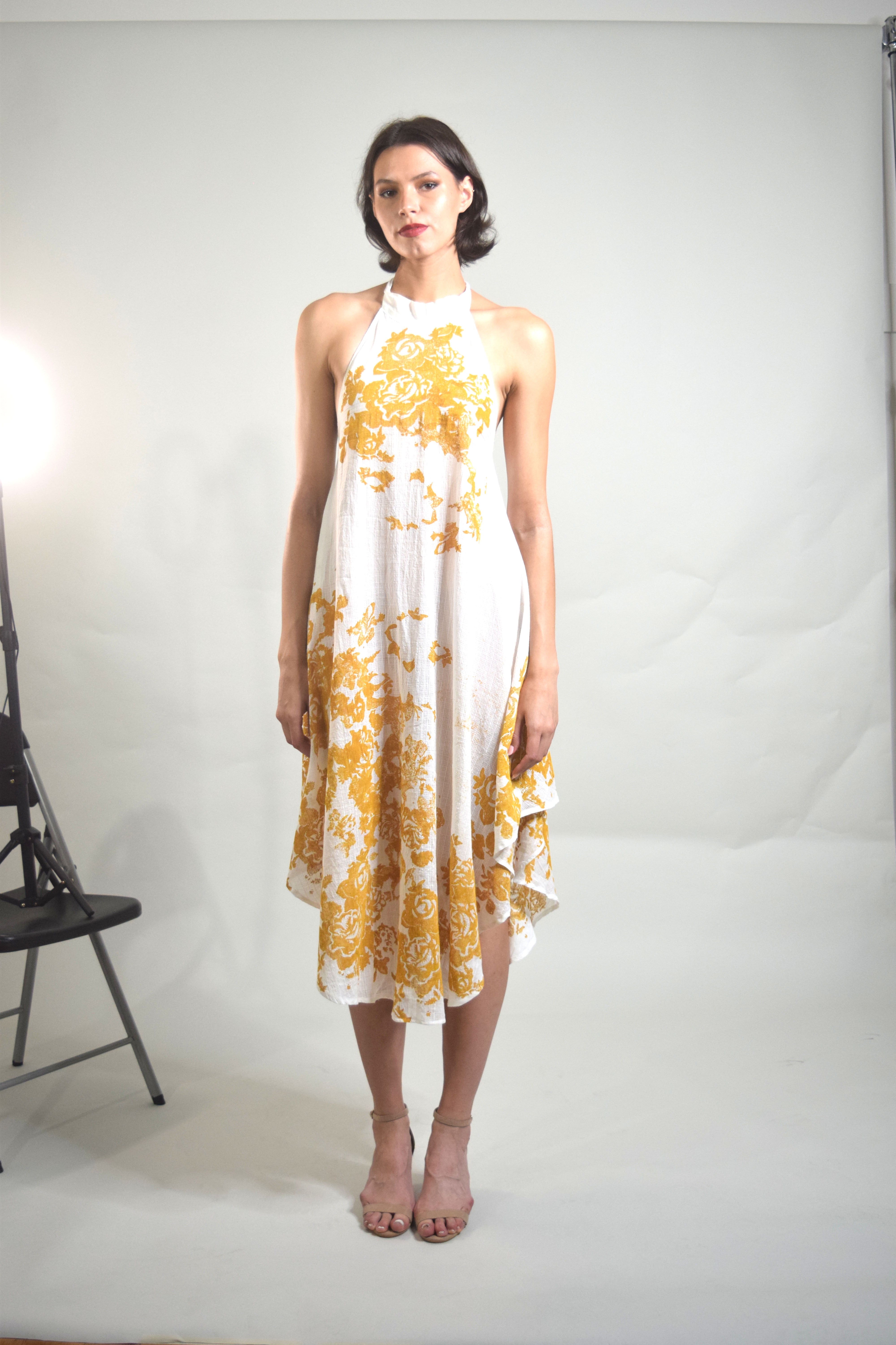 Radhika Halter Dress - White with Canary Block Print