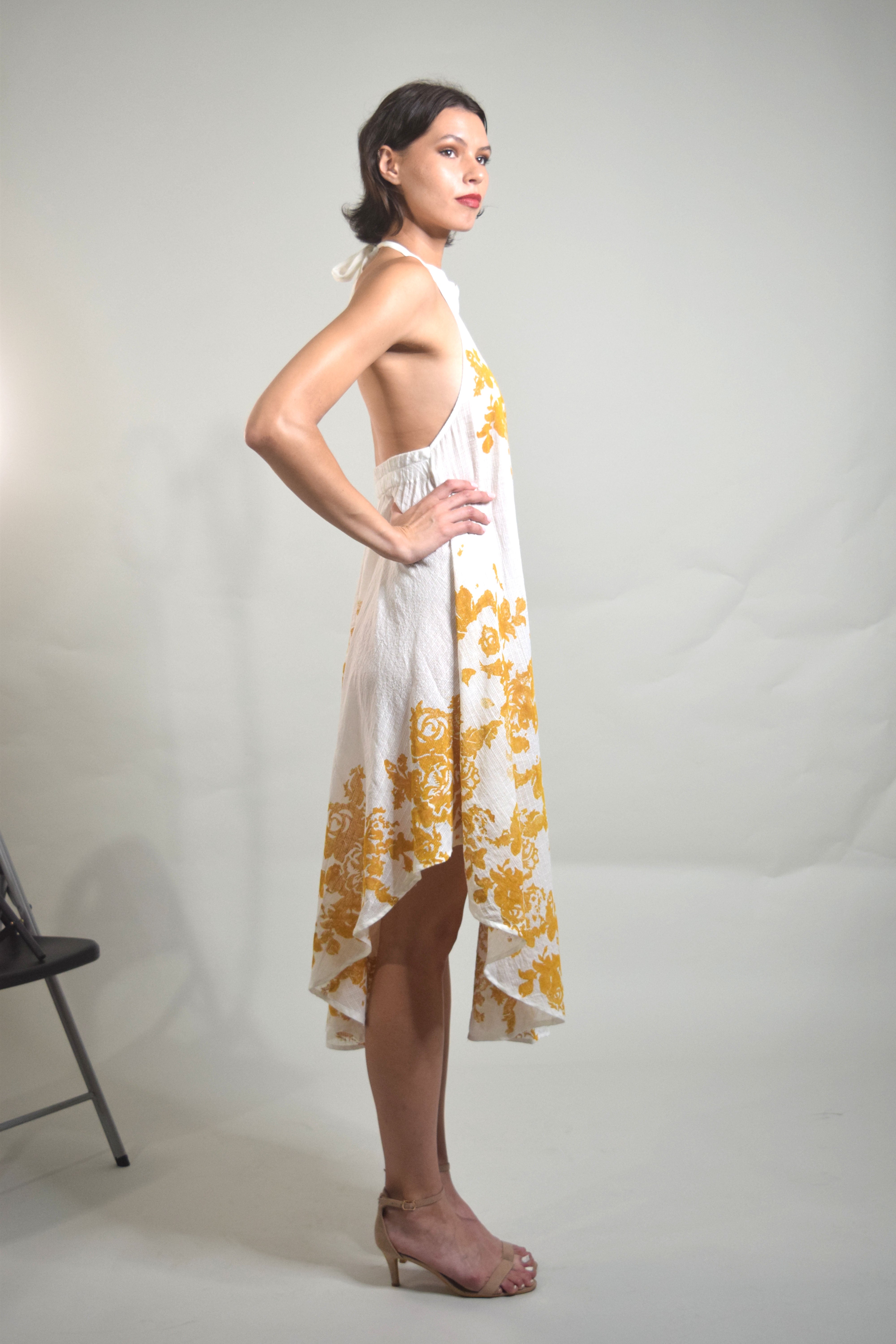 Radhika Halter Dress - White with Canary Block Print