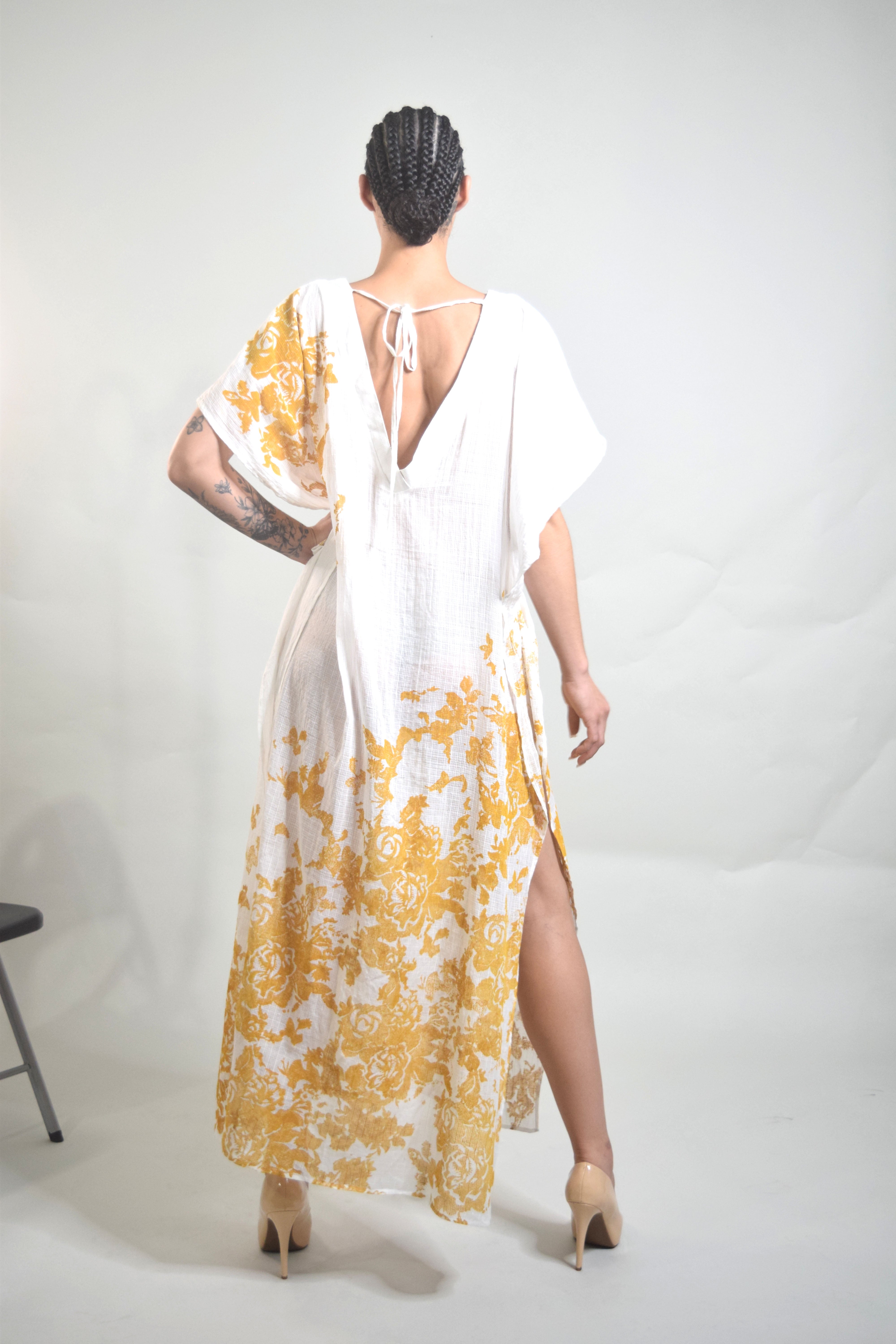 Usha Kaftan Dress - White with Canary Block Print